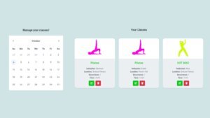 ClassesBook October calendar next to class cards for a class booking app