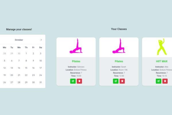 ClassesBook October calendar next to class cards for a class booking app