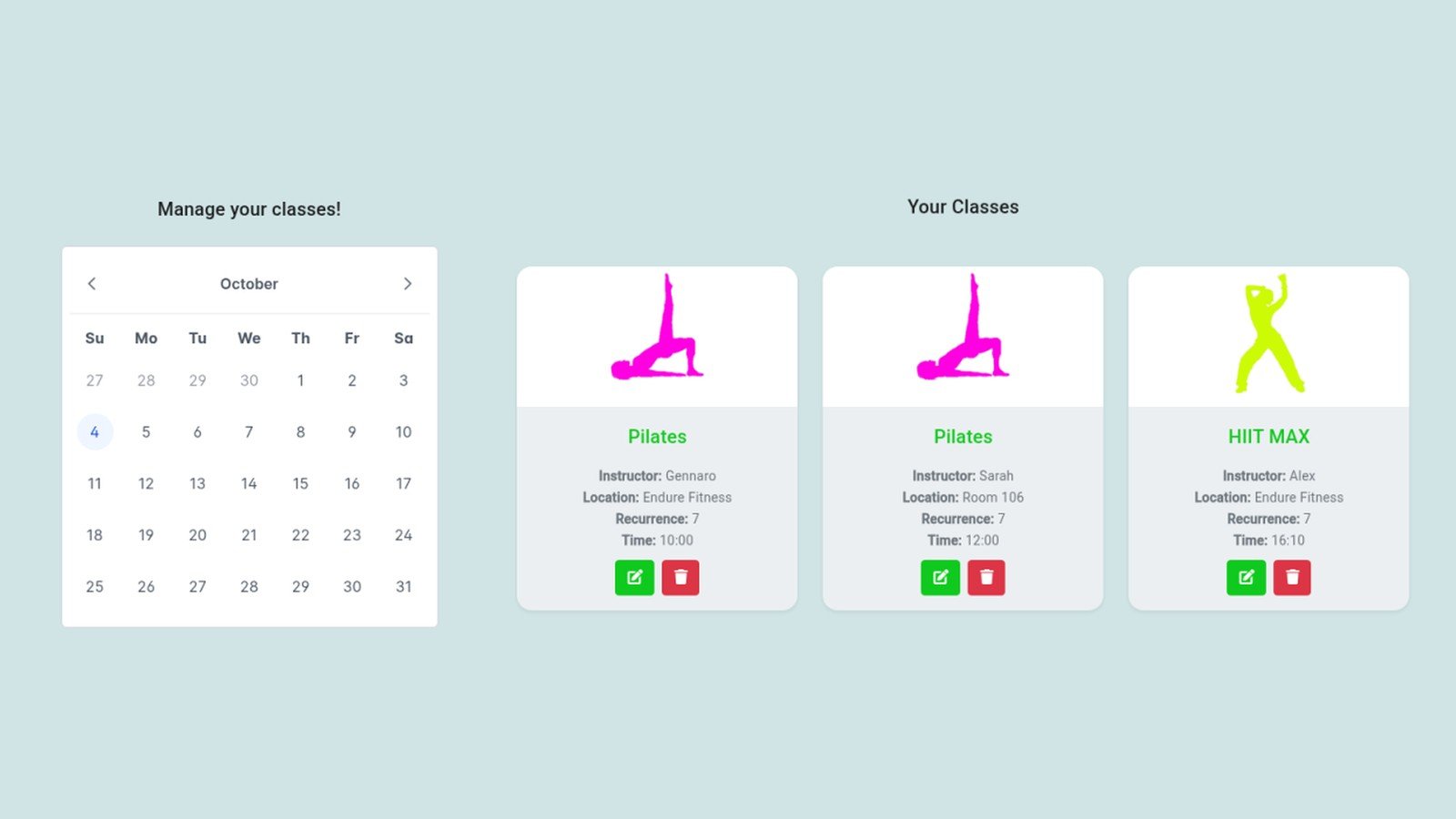ClassesBook October calendar next to class cards for a class booking app