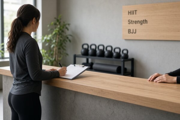 Gym reception desk where a new member signs up for a class