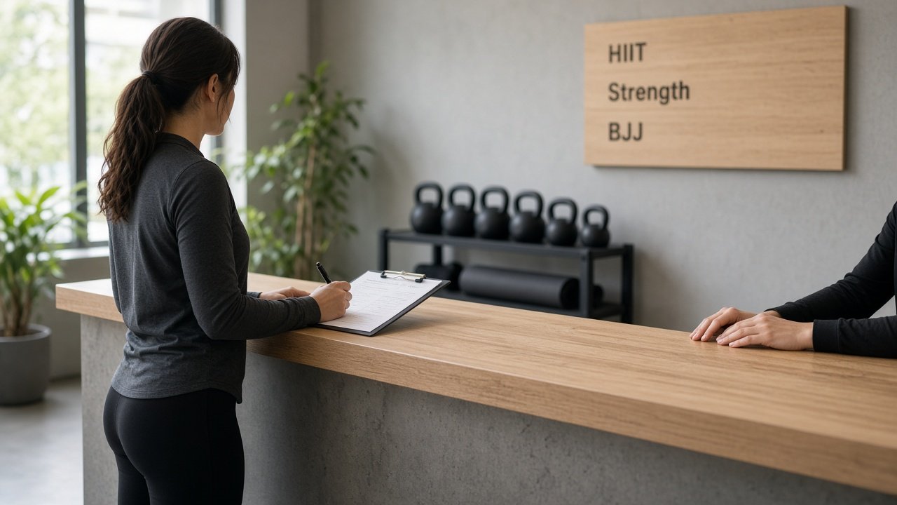 Gym reception desk where a new member signs up for a class